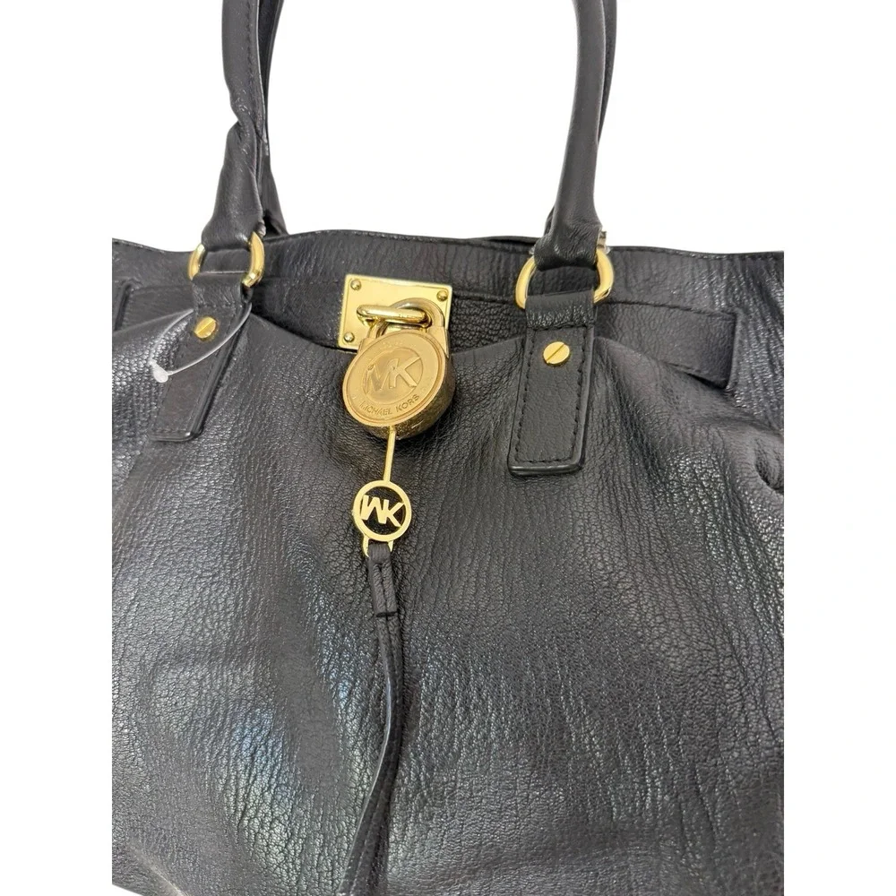 Michael Kors Satchel Bag Womens Black Leather Gold Chain Shoulder Purse Large MK